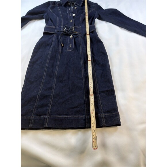 White House Black Market Denim Shirt Dress Size 00 Blue Long Sleeve Belted - Picture 8 of 9